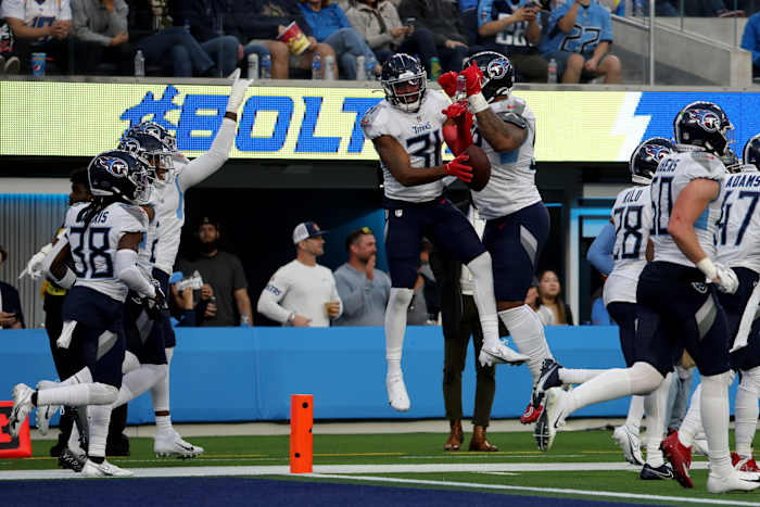Tennessee Titans safety Kevin Byard (31) celebrates after intercepting a pass during the third quarter against the Los Angeles Chargers at SoFi Stadium.